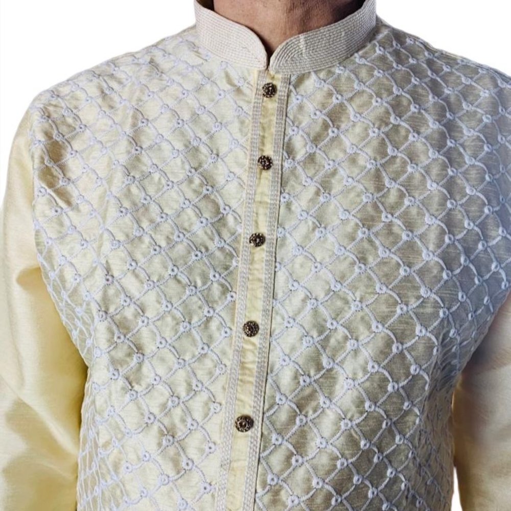 Men's Indian Embroidered Light Yellow Silk Kurta Set